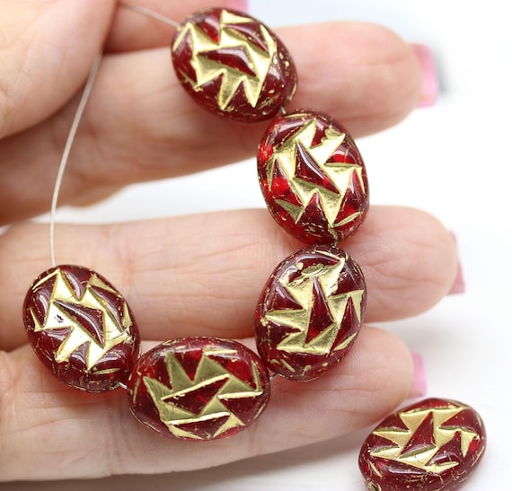 Dark Red Gold Large Oval Czech Glass Beads 17x13mm Geometrical