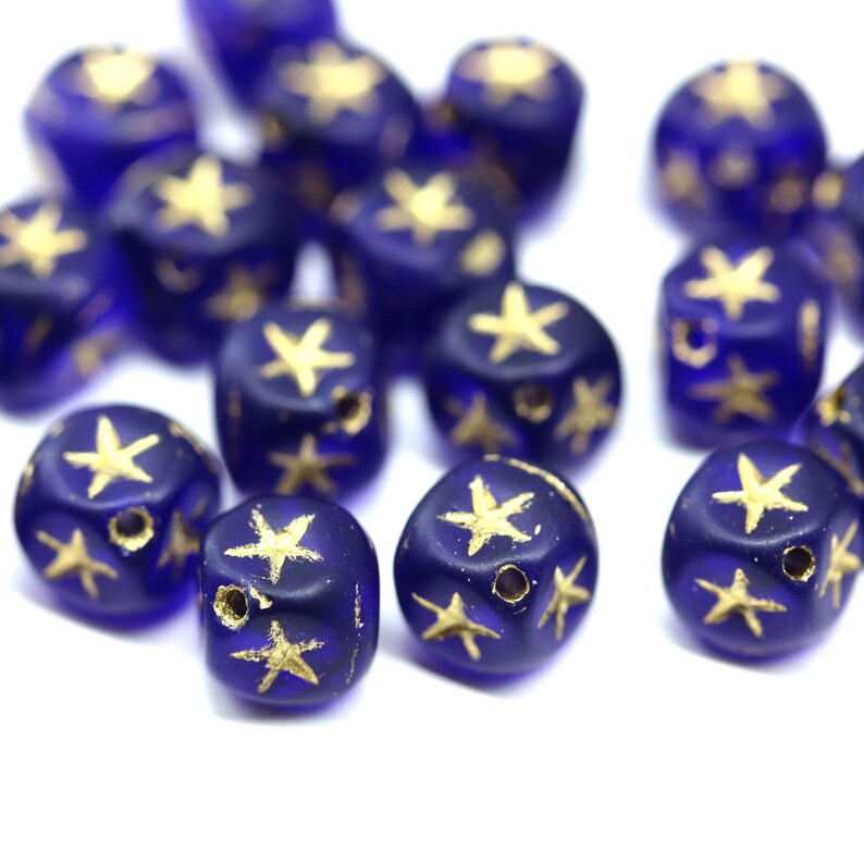 7mm Dark blue cube beads gold silver stars ornament czech glass cubes 20pc Matte blue/gold