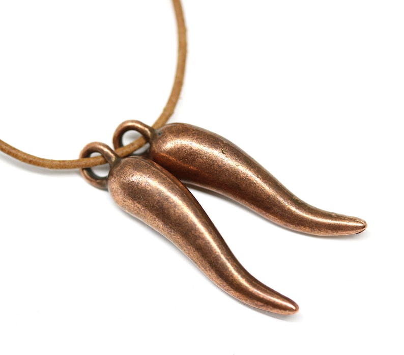 Long pepper pendant bead, Antique copper pepper charm for jewelry making, for leather cord, 2pc 2430 image 1