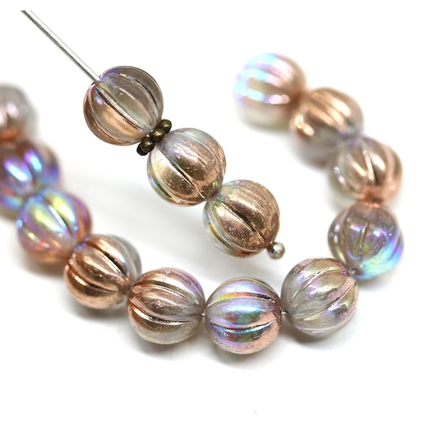 8mm Copper wash clear czech glass round beads, AB finish, Melon shape carved beads, 15pc - 0858