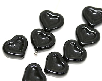 Black Heart beads Czech glass jet black beads 14mm glass hearts for jewelry making - 8pc - 1080
