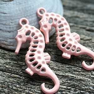 2pc Pink Seahorse charms, Painted Pink Metal charm, Seahorse pendant bead, metal Casting, nautical beach jewelry making - F441