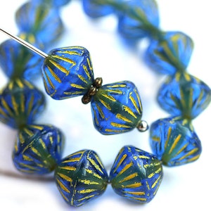 9mm Dark Blue Bicone beads, Yellow Stripes, czech glass beads 15Pc 2897 image 1