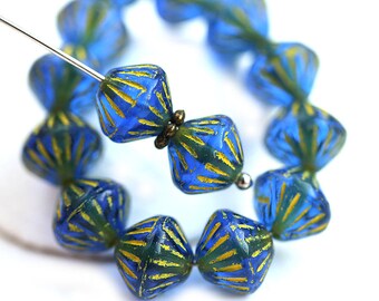 9mm Dark Blue Bicone beads, Yellow Stripes, czech glass beads - 15Pc - 2897