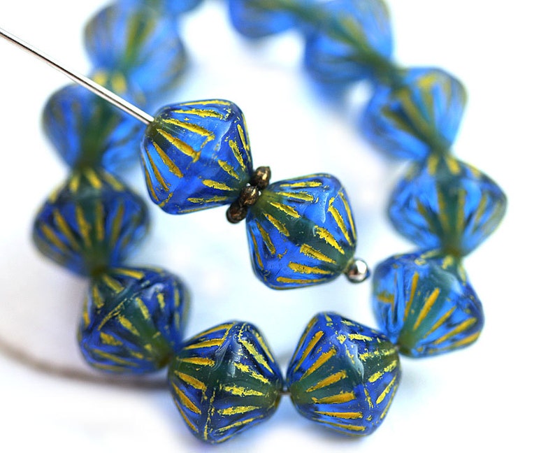 9mm Dark Blue Bicone beads, Yellow Stripes, czech glass beads 15Pc 2897 image 1