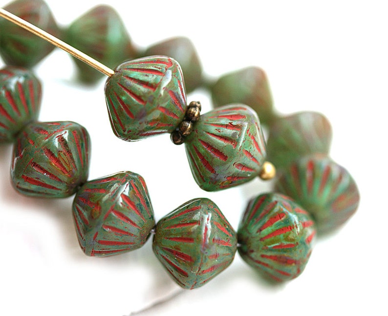 9mm Picasso Green Bicone beads Rustic czech glass carved aged beads 2898 15Pc