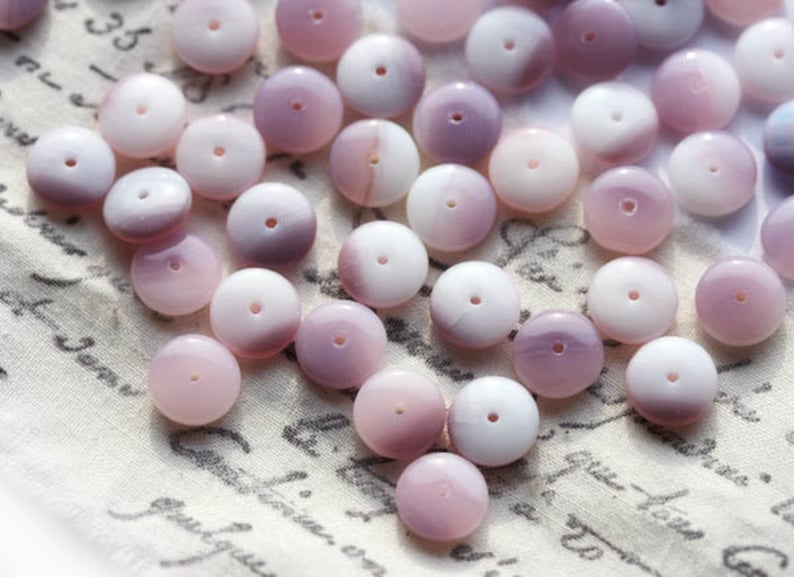 25pc Pink rondelle beads, Lilac Pink White czech glass spacers rondels, pressed beads 9mm 0089 image 3