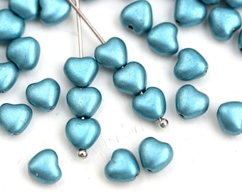 6mm Metallic Blue Heart beads, Blue coated Czech Glass pressed beads - 50pc - 0197