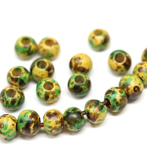 9mm ceramic organic round beads, Brown yellow green ball beads for leather cord, 3mm hole, 10pc - 0440