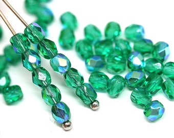 4mm Teal green fire polished AB finish czech glass beads faceted round spacers, 50Pc - 4010