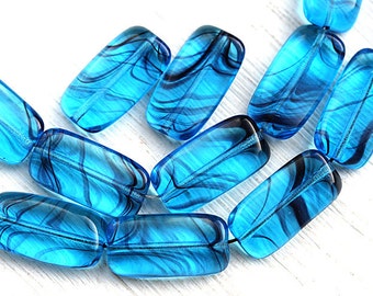 Aqua blue beads Rectangular czech glass beads Blue stripes rectangle beads - 18x10mm - 10Pc - 2913