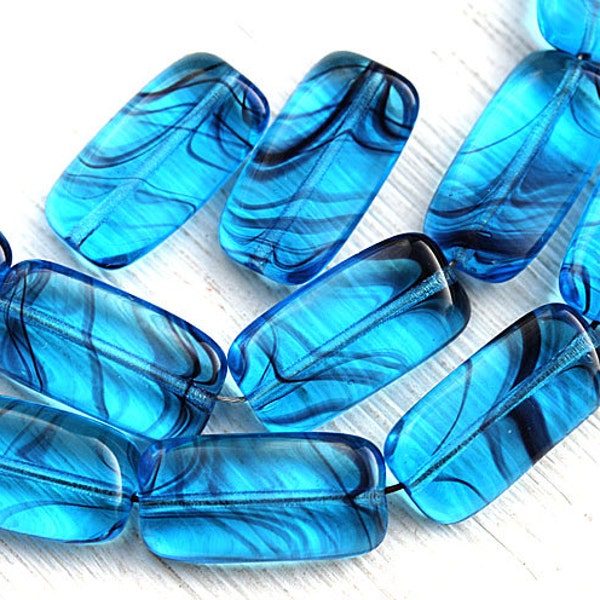 Perles aqua bleues Perles rectangulaires en verre tchèque Rayures bleues Perles rectangulaires - 18x10mm - 10Pc - 2913