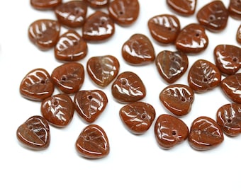 Brown leaf beads, Heart shaped triangle leaf, Czech glass small leaves petals 50pc - 2318