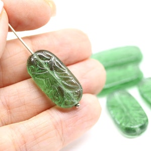 25x12mm Large antique green oval flat czech glass beads with ornament 6pc 5800 image 6