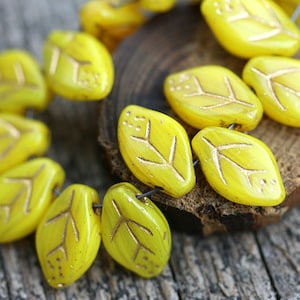 12x7mm Yellow Leaf beads Golden Inlays Czech glass pressed yellow leaves top drilled 25Pc 1077 image 1