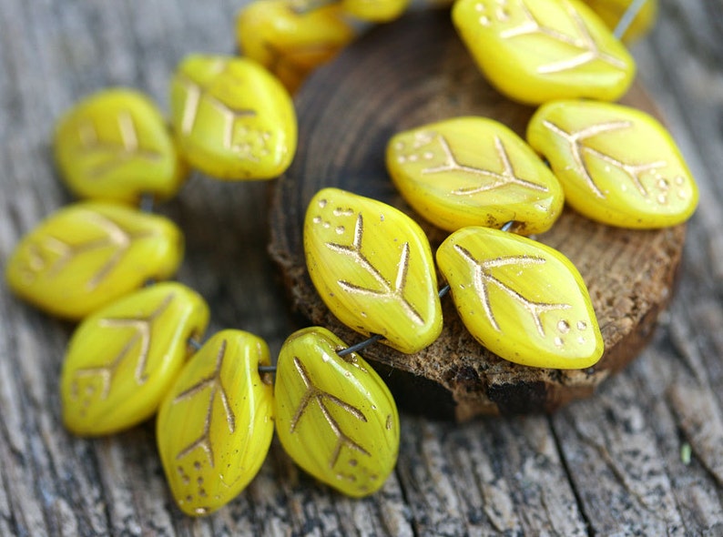 12x7mm Yellow Leaf beads Golden Inlays Czech glass pressed yellow leaves top drilled 25Pc 1077 image 1