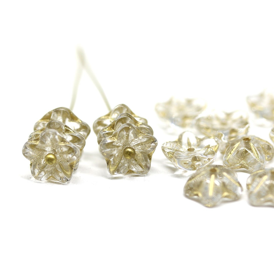 Czech Glass Flower Beads: Crystal Clear with Gold Wash (10mm, 15pc)