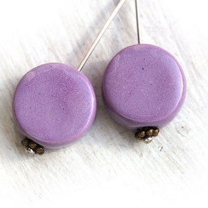 Ceramic coin beads -  Mauve tabs - greek beads, flat round, enamel coating, violet, lilac, 17mm - 2pc - F069