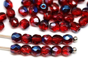 4mm Dark red czech glass beads Metallic blue luster fire polished round faceted spacers, 50Pc - 3865