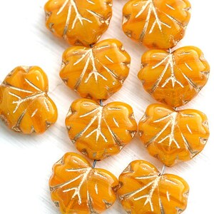 Ocher yellow maple leaf beads, golden inlays Czech glass pressed yellow leaves 11x13mm, 10pc - 2764