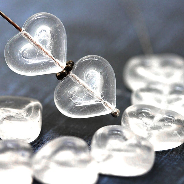 Crystal clear glass heart beads 14mm czech pressed beads for jewelry making, 8pc - 5069