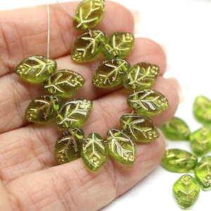 12x7mm Olive green leaf beads Gold wash Czech glass pressed olivine leaves 30Pc 3676 image 6