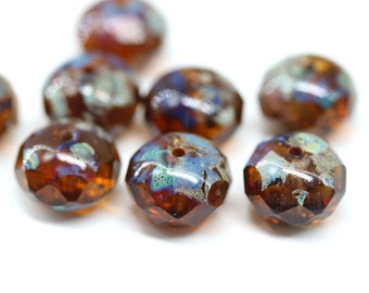 7x11mm Dark topaz fire polished rondelle picasso Czech glass beads large rondels 8pc - 3977