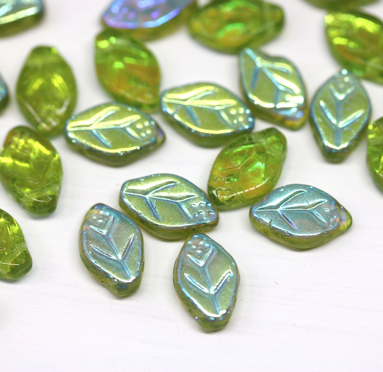 12x7mm Green leaf beads AB finish czech glass pressed top Etsy