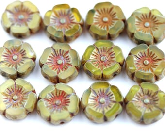 12mm Ocher Yellow Pansy flower bead, Picasso Czech glass fire polished Flowers, table cut Daisy, Rustic floral beads - 6pc - 1741