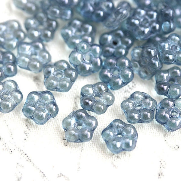 50pc Montana Blue daisy flower beads, luster, czech glass flat 5mm daisy, spacer bead - 2011