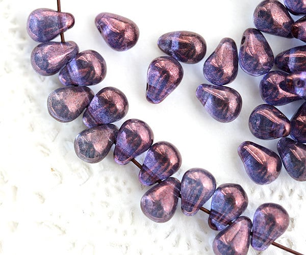 4x6mm Tiny purple glass teardrops czech small top drilled drop beads 50Pc - 2524