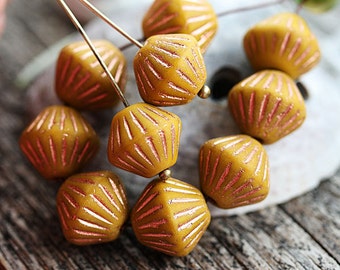 Yellow ocher bicones, czech Glass beads, Copper inlays, rustic large bicone pressed beads 11mm - 10pc - 1983