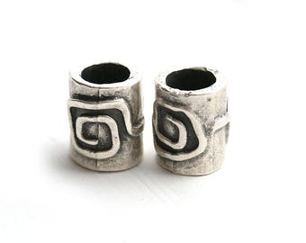 Antique Silver Spiral tube beads, 7mm hole greek metal casting beads, large hole - 2pc - 2062