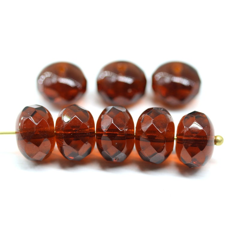 7x11mm Dark topaz fire polished rondelle brown Czech glass beads large rondels 8pc 3983 image 1