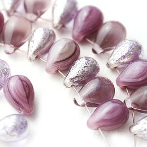 6x9mm Purple Pink teardrops beads mix, Silver Czech Glass beads, Purple pressed drops - 20pc - 0949