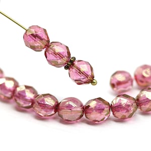 8mm Rose pink czech glass fire polished round beads golden luster, 15Pc - 2795