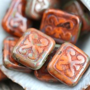 8pc Rustic Orange Picasso beads, 12mm Rectangle Swirls, Carved czech glass brown orange beads - 12x11mm - 1229