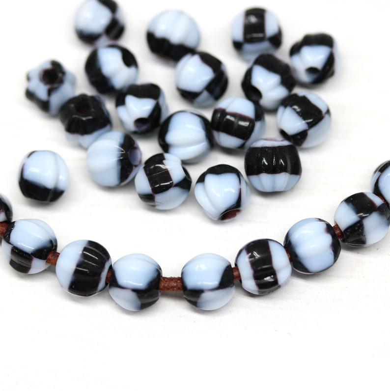 1.5mm hole black and white 6mm czech glass round melon shape beads for leather cord 30pc 3115