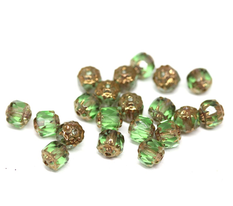 6mm Transparent green cathedral czech glass fire polished round beads golden ends 20Pc 0703