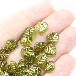 9mm Olive green leaf beads golden wash Olivine heart shaped triangle leaf Czech glass small leaves, 30pc 0027 image 6