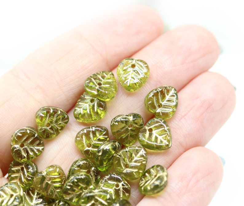 9mm Olive green leaf beads golden wash Olivine heart shaped triangle leaf Czech glass small leaves, 30pc 0027 image 6