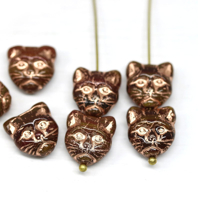 Copper wash czech glass feline kitty beads 10pc Brown cat head beads 3215