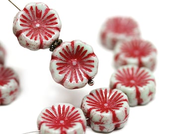 Cuentas de flores de cristal checo con pensamientos rojos: cuentas de margaritas verde pálido (6 unidades)