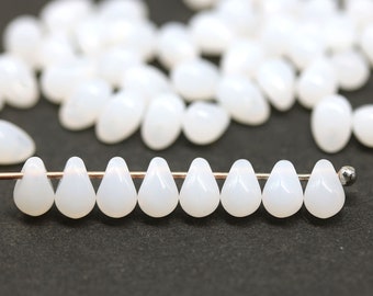 4x6mm Opal white glass drop beads, czech glass teardrop beads, milky white tiny drops 50Pc - 1095