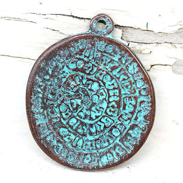 Phaistos disk pendant bead Ancient symbols Verdigris patina on copper mykonos bead 1pc - 1842