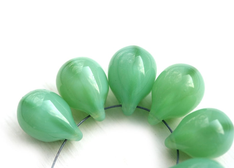 Jade green teardrops, Large czech glass drops briolettes, green raindrop 10x14mm 6Pc 0024 image 2