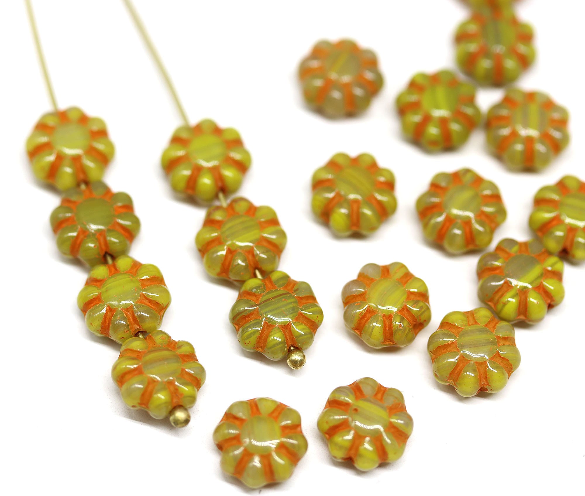 9mm Yellow Orange Daisy Flower Beads Mixed Yellow Czech Glass Etsy