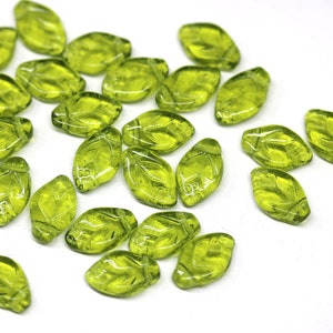 12x7mm Transparent olive green leaf beads Olivine Czech glass leaves top drilled, 30pc 1559 image 5