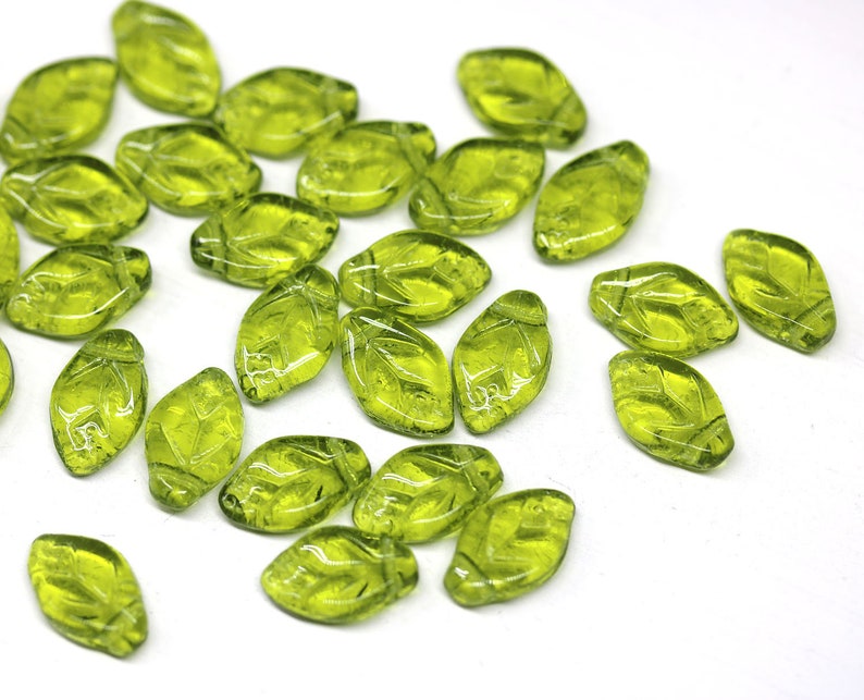 12x7mm Transparent olive green leaf beads Olivine Czech glass leaves top drilled, 30pc 1559 image 5