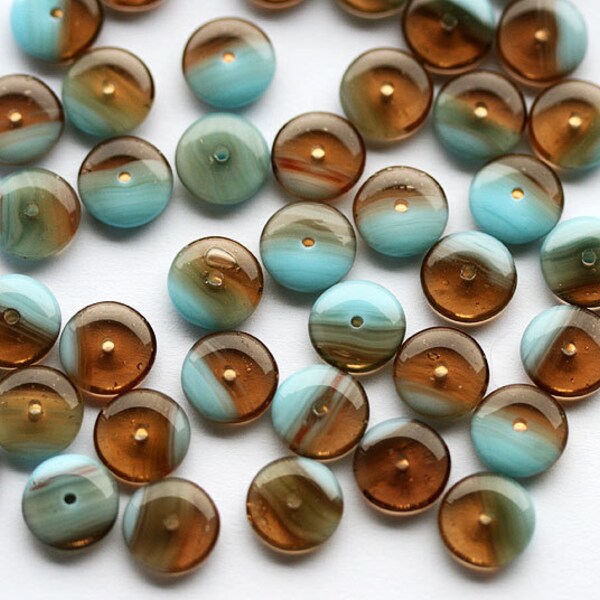 50pc Glass rondelle beads, Brown and Blue czech glass 9mm rondels spacers - 0412